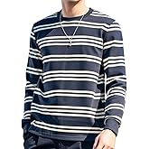 ZVX Men's Striped Long Sleeved T-Shirt Spring Casual Round Neck Long Sleeved Daily Striped Shirts Dark Blue