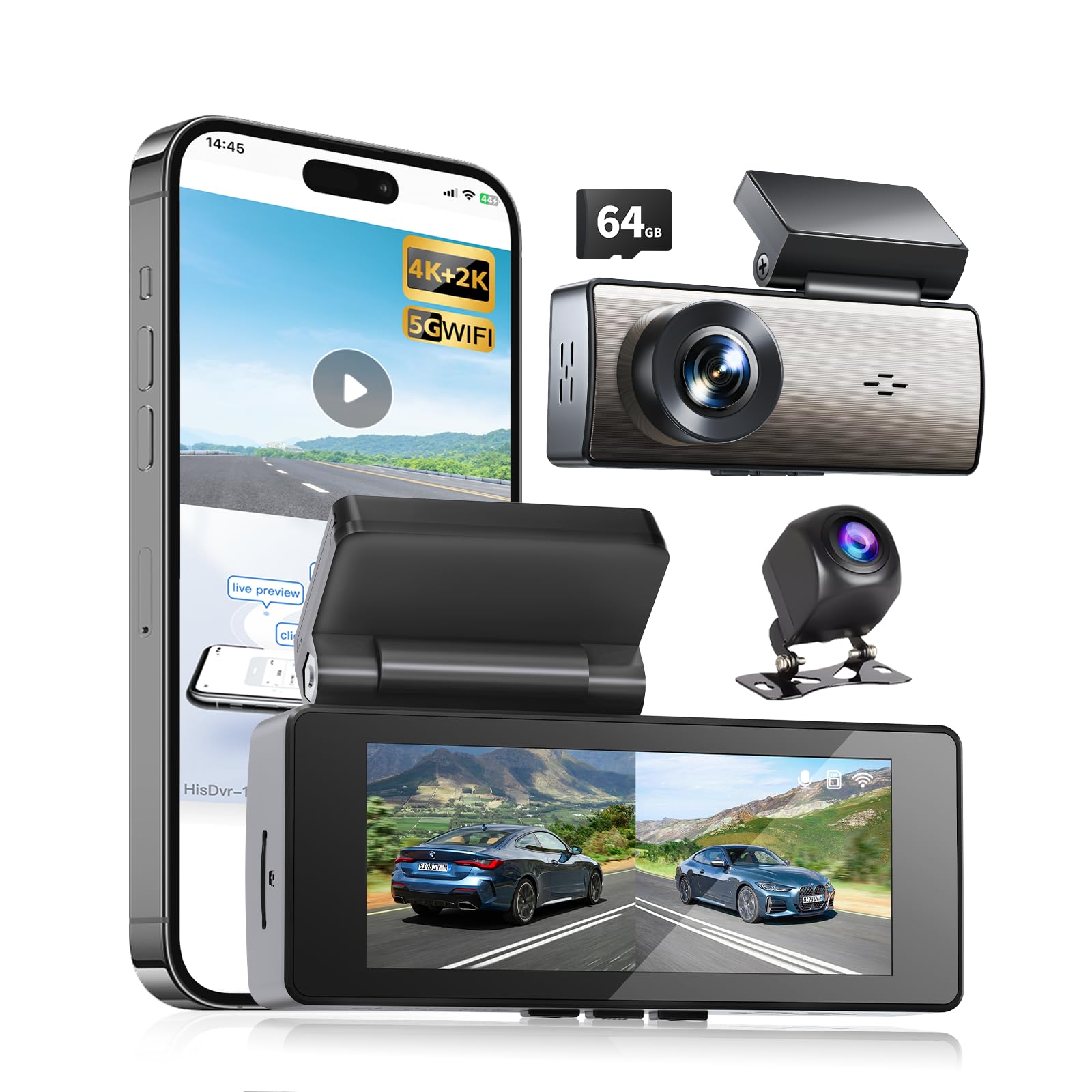 Photo 1 of *INCOMPLETE** USHJNV 4K+2K Car Dash Cam Front and Rear, 2 Channel Dual Dash Camera 64G Card, Advanced Star-Level Night Vision,24H Parking Mode,Loop Recording,G-Sensors,3.16" Screen, 5GHz WiFi & APP Control