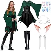 SKEFOLI 6Pcs Women Elf Costume Medieval Renaissance Dress Traditional Irish Fairy Costume Elf Ear for Halloween Cosplay