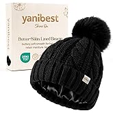 YANIBEST Womens Winter Beanie Hat Satin Lined Knitted Beanie Hat Warm Soft Ski Cuff Cap with Pom Pom