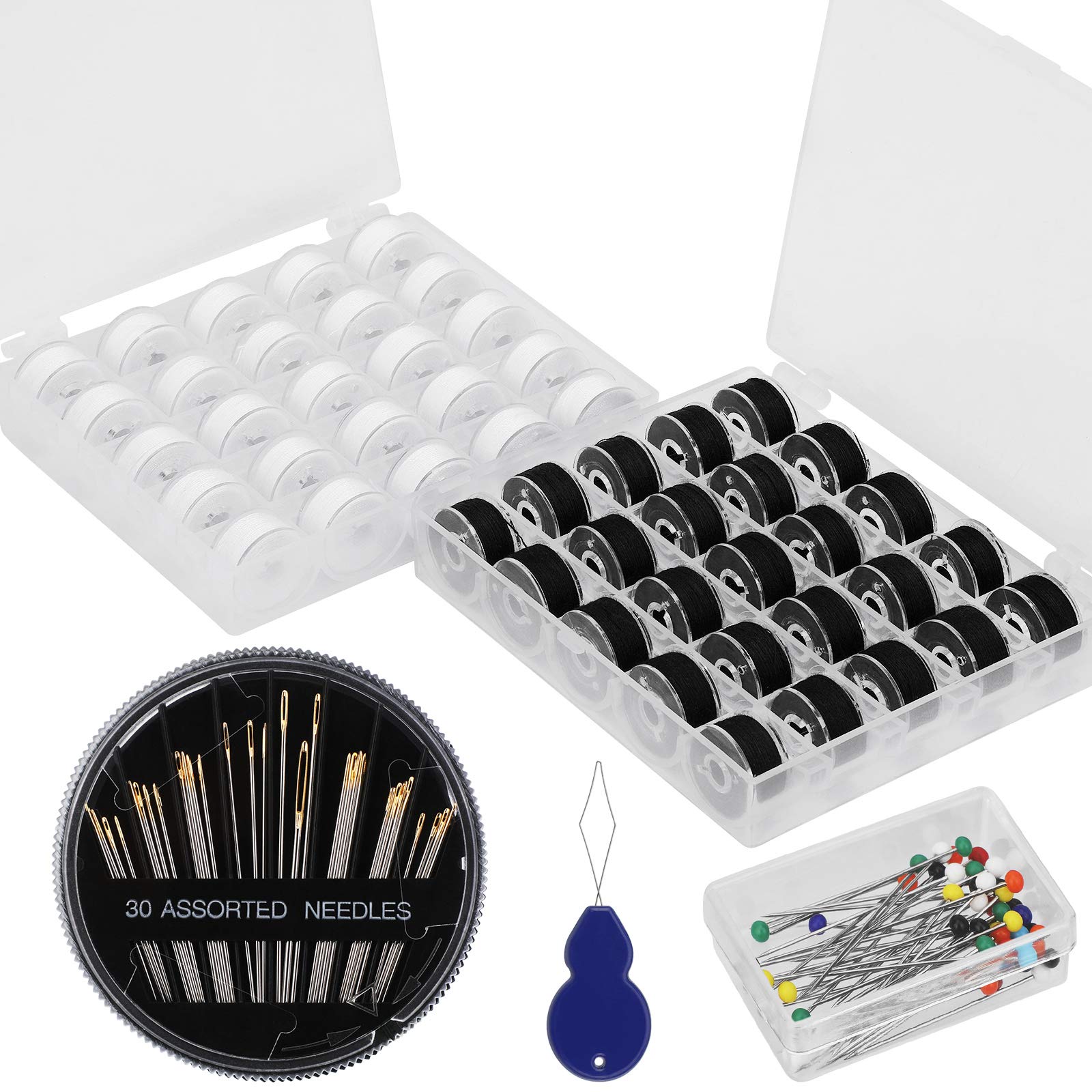 Pwsap 50Rolls Sewing Machine Bobbin Threads with Storage Case Box, Black and White Pre-Wound Bobbins with Needles Set for Brother/Babylock/Janome/Elna/Kenmore/Babylock/Singer Sewing Machine