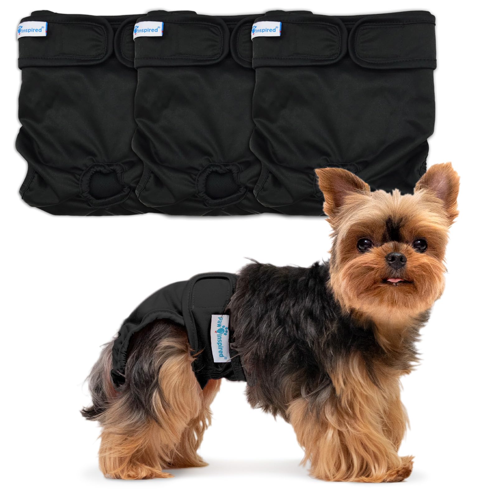 Paw Inspired Washable Dog Diapers | Reusable Dog Diapers | Washable Female Dog Diapers | Cloth Dog Diapers for Dogs in Heat, or Dog Incontinence Diapers (X-Small (3 ct.), Black (Black Lining))