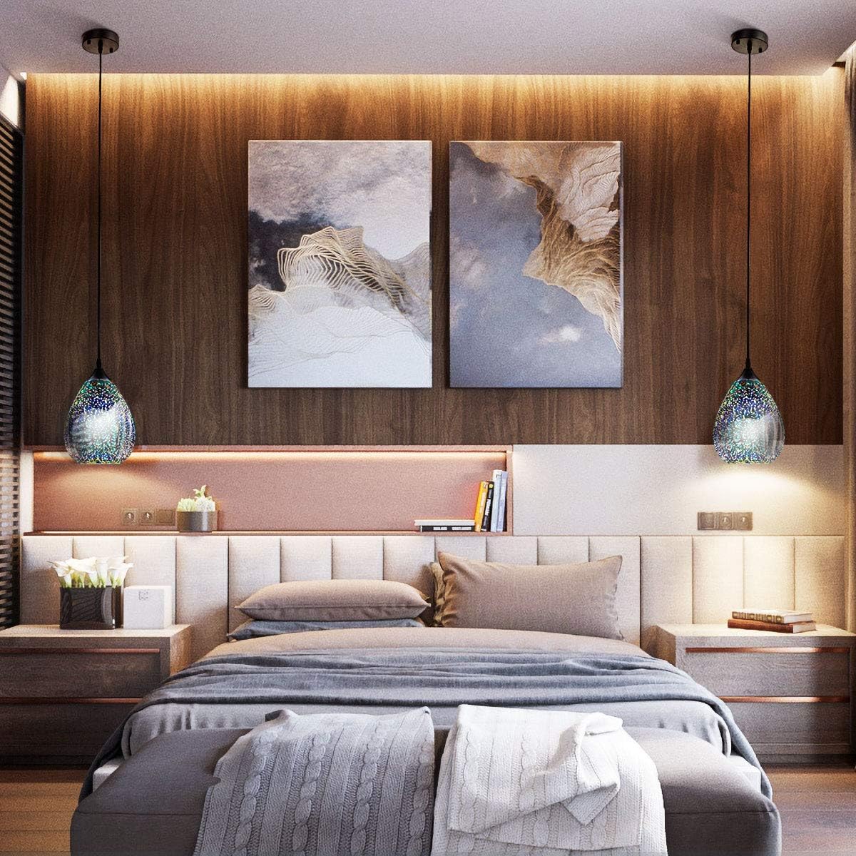 3d Glass Pendant Light, Modern Kitchen Pendant Lighting with Colored Hammered Shade, 3D Reflection Glass Hanging Pendant Ceiling Light Fixture for Living Room Bedroom Island Restaurant Bar, 8in Chrome - - 