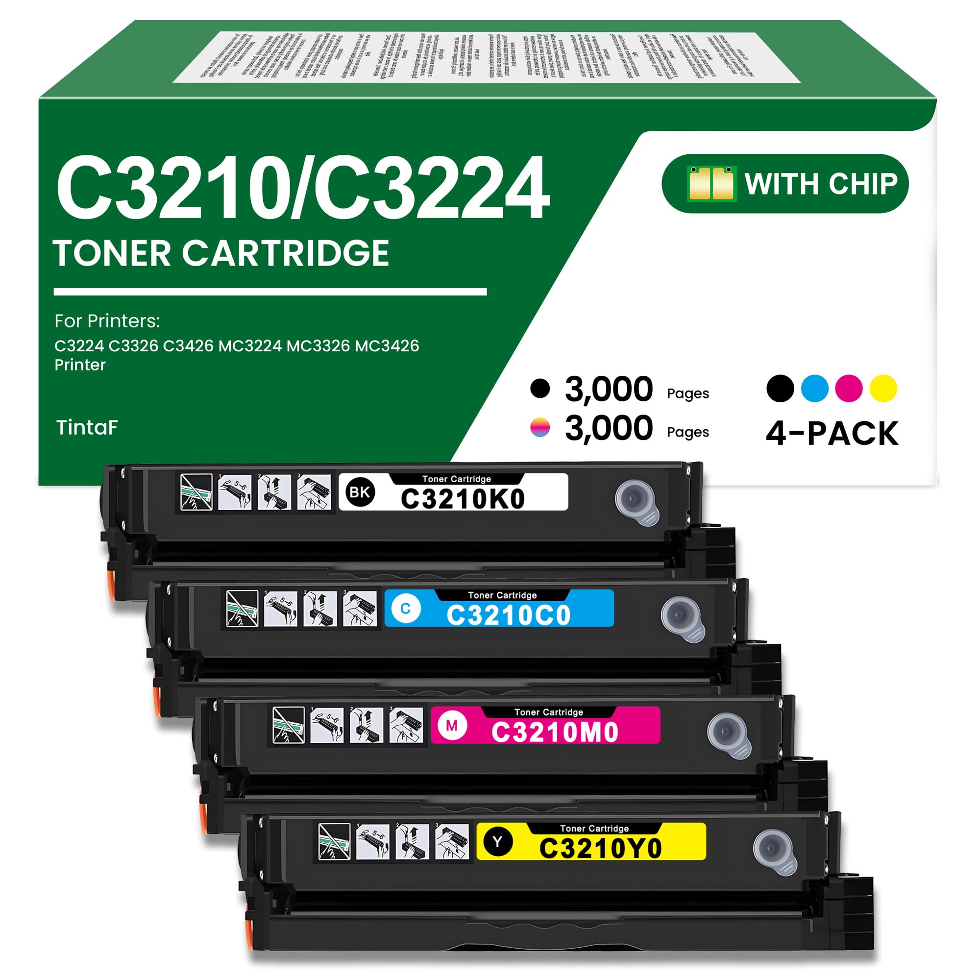 Photo 1 of C3210 C3224 Toner Cartridge C3210C0 C3210K0 C3210M0 C3210Y0 Toner Replacement for Lexmark C3210 C3224 Toner Cartridge for C3224 C3326 C3426 MC3224 MC3326 MC3426 Printer Ink (4-Pack, BK/C/M/Y)