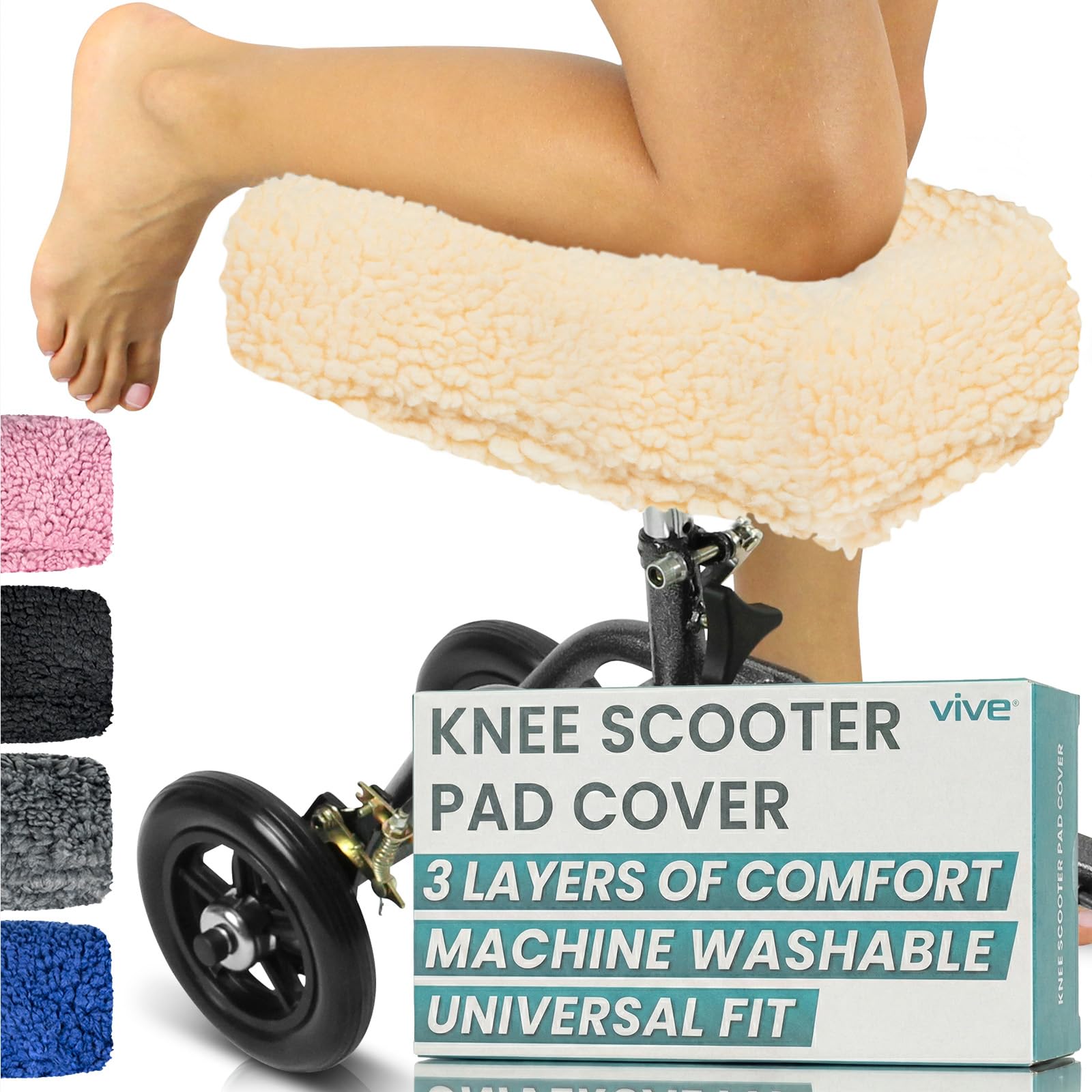 VIVE Knee Scooter Pad Cover - Plush Faux Sheepskin, Memory Foam Walker Rover Cushion - Accessory for Roller - Leg Cart Improves Comfort During Injury - Padded, Washable Protector Pillow