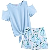 Arshiner Girls Short Sets 2 Pieces Outfits Short Sleeve Tie Knot T-Shirts and Casual Shorts With Pockets Cute Clothes Sets