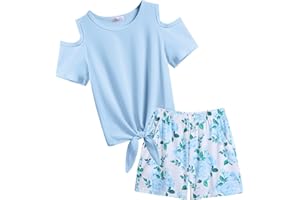 Arshiner Girls Short Sets 2 Pieces Outfits Short Sleeve Tie Knot T-Shirts and Casual Shorts With Pockets Cute Clothes Sets
