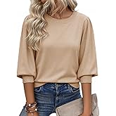 Cicy Bell Womens 3/4 Puff Sleeve Sweater Tops Fall Casual Crew Neck Lightweight Knit Pullover Loose Fit Scallop Trim Sweater