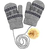 OVOY Toddler-Knit-Mittens Gloves for Kids 0-2 Years Boys & Girls - Winter Warm Fleece Lining with Anti-Loss String Gloves