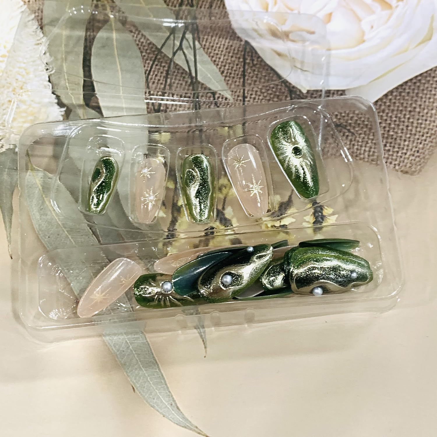 Press on Nails Almond Medium Length Glossy Full Cover Acrylic French Almond False Nails with Designs Artificial Almond Shaped Fake Nails with Charms Glue Stick ons Fingernails for Women Girls(BZ1460) - Image 5