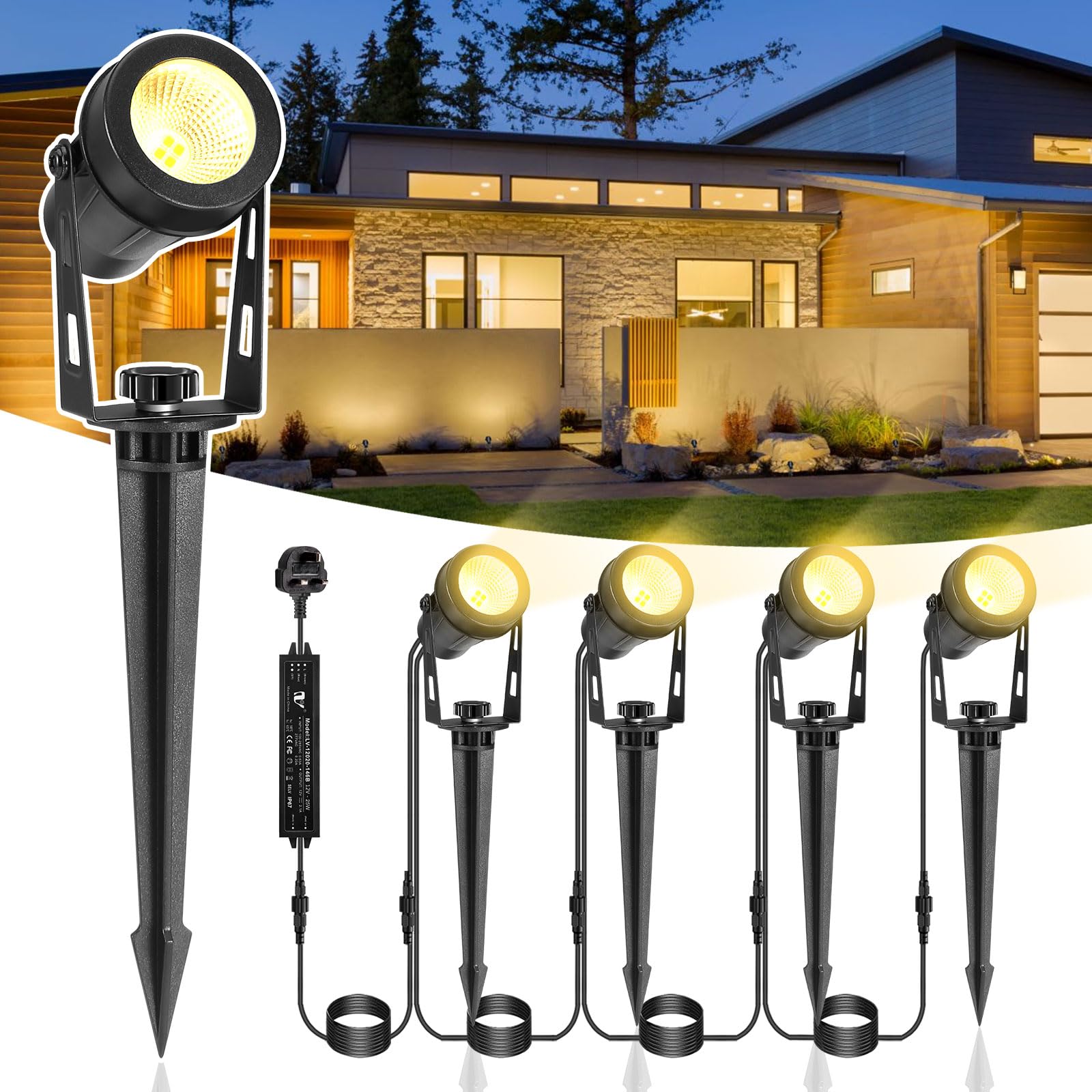 IRISECO 4-1 Garden Spot Lights, 15M Outdoor Spotlight with Adapter, 12V Low Volt LED Garden Lighting, IP65 Waterproof, Outdoor Spot Lights Mains Powered for Yard (3000K) ﻿ — image 1