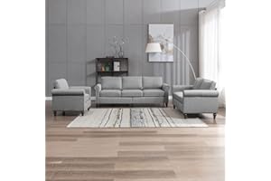 CECER 3 Piece Living Room Sofa Set, Upholstered Sectional Sofa Couch with Nailhead Trim, Furniture Sets Including 3-Seater Sofa, Loveseat and Single Sofa Chair for Apartment/Living Room (Light Grey)
