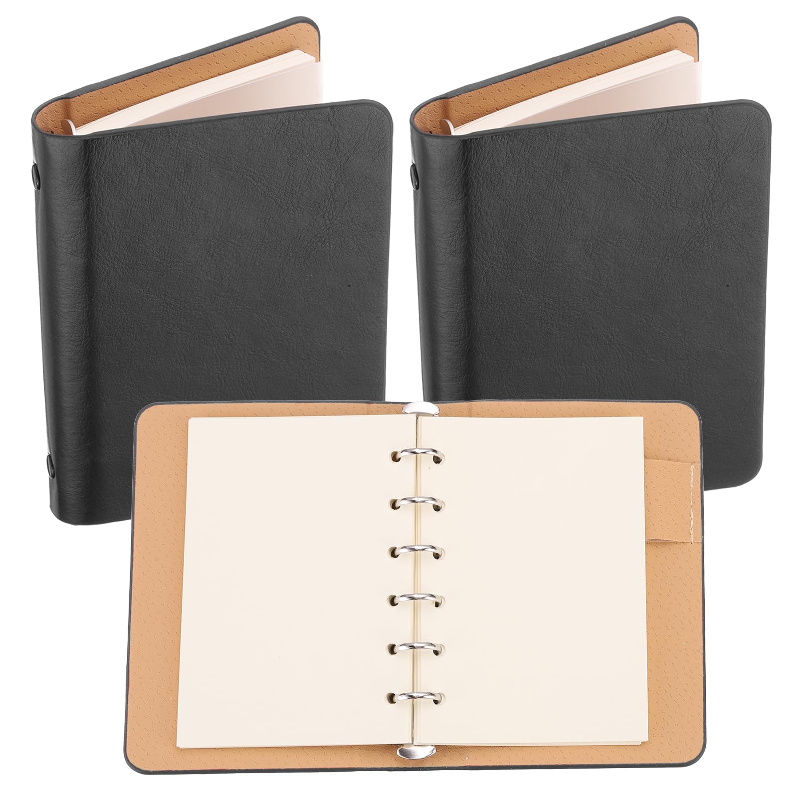 PATIKIL 6 Ring Binder Cover, 2 Pack A7 Leather Notebook Binder Mini Refillable Loose Leaf Personal Planner with 100 Sheets Paper, Black