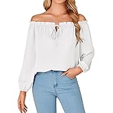 Rooscier Women's Off Shoulder Ruched Lantern Long Sleeve Casual Loose Tops Blouse Shirt