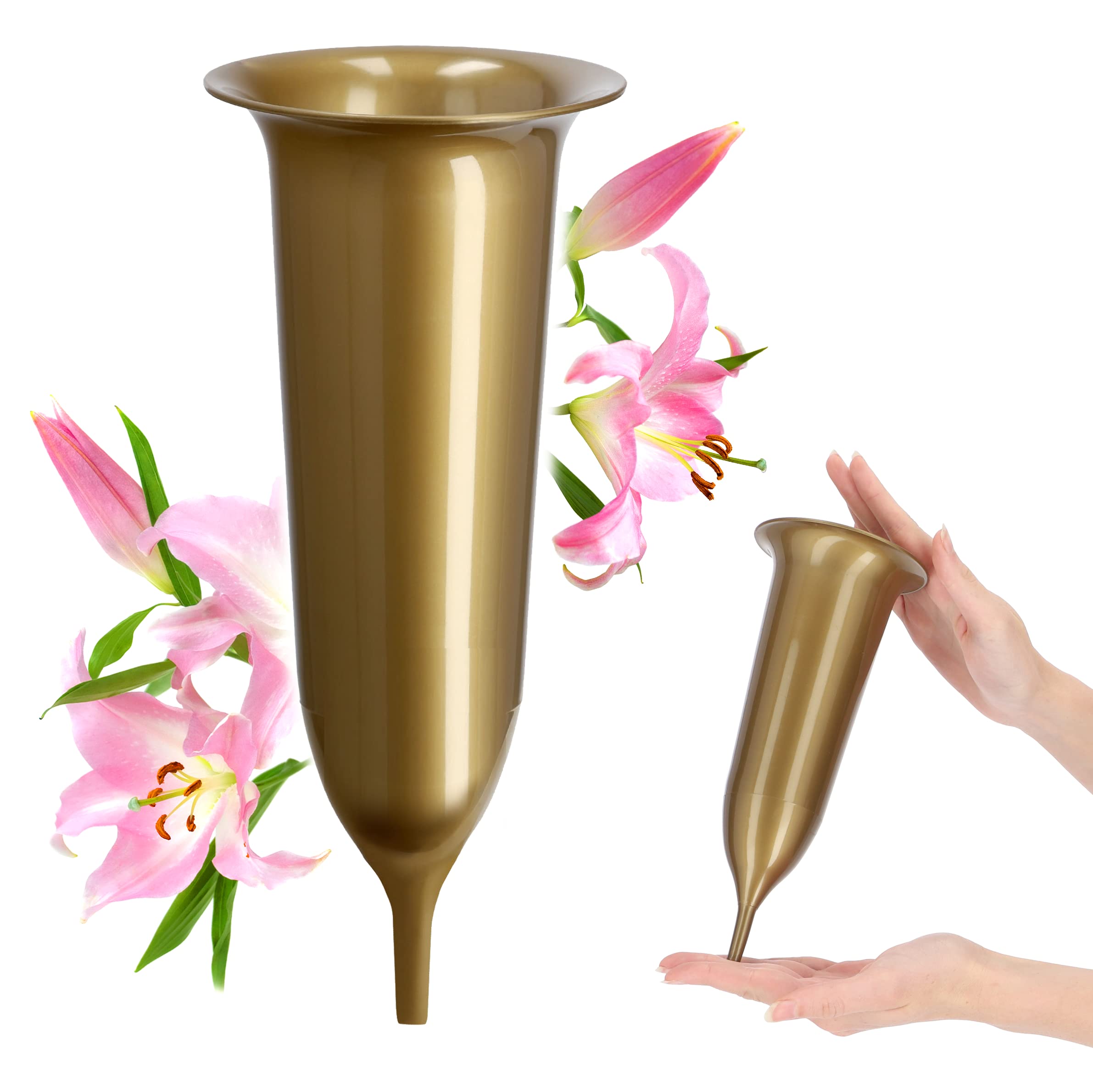 KADAX Spiked Grave Vase, Plastic Memorial Vase, Weatherproof Grave Flower Holder for Cemetery, Graveside Ornament for Artificial Flowers (23 cm, Gold)