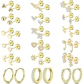 Hazms 18K Gold Flat Back Earrings for Women -18 Pairs Hypoallergenic Surgical Steel Flatback Stud Earrings Hoop Earrings Dainty Cartilage Earring Gold Earring Stack Set for Multiple Piercing