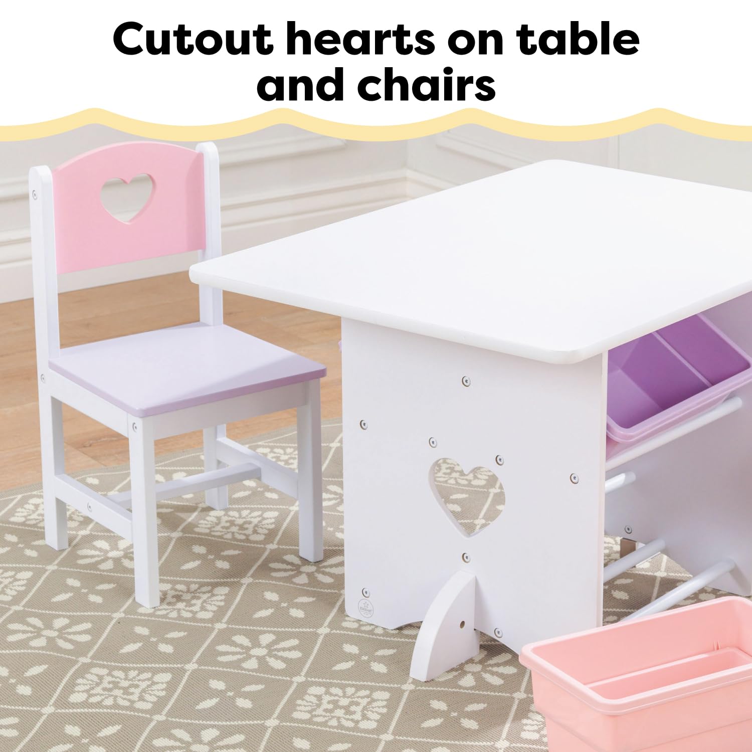 KidKraft Wooden Heart Table & Chair Set with 4 Storage Bins, Children's Furniture – Pink, Purple & White, Gift for Ages 3-8