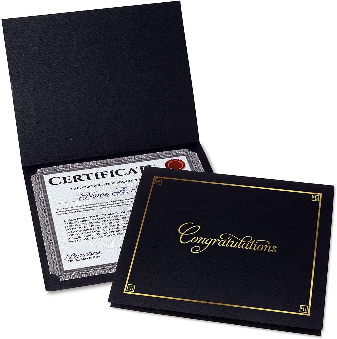 Congratulations Black & Gold Certificate Folders - Pack of 25, Linen Cover 80 lb. Stock, Folded, Die-Cut Corners, for Office, Business Awards, Graduation, School Diploma Holder, 9-1/2" x 12"