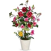 Hollyone Artificial Plants & Flowers in Vase Red Camellia Roses Faux Flower Plant Arrangement with Pot Fake Rose Flowers Home Decor Office Bathroom Shelf Desk Table Decoration