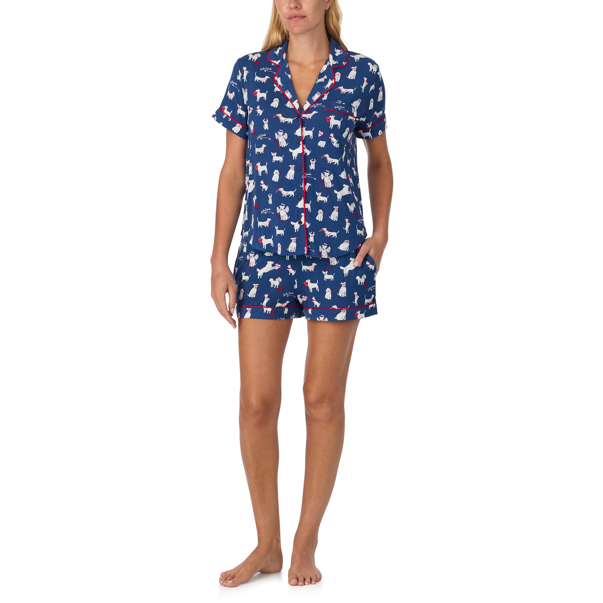 kate spade new york Pajamas for Women 2 Piece Set Comfy Classic Short Sleeve Notch Collar Button Top & Shorts, Blue Puppy Love, X-Large