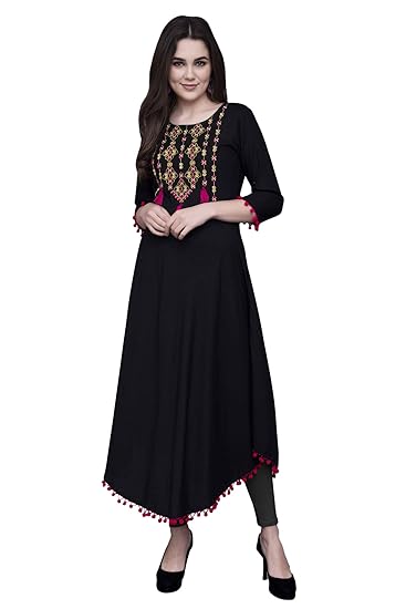 Women Rayon Regular Embroidered Kurta (Black)