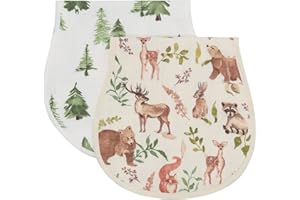 LifeTree Muslin Baby Burp Cloths - 2 Pack 70% Viscose from Bamboo and 30% Cotton Large 22'' by 10'' Absorbent Milk Spit Up Rags - Burping Cloths for Newborn, Girls Boys, Woodland Animals & Pine Tree