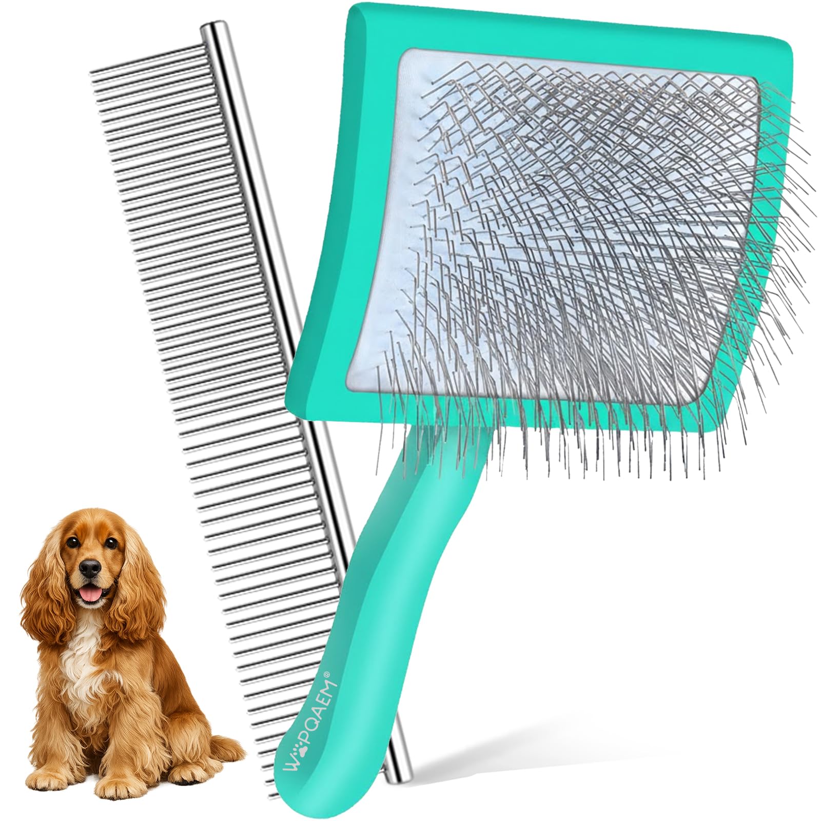 WOPQAEM Slicker Brush for Dogs, Large Long Pin Dog Brush for Cockapoo Cavapoo Doodles Poodles Goldendoodle Labradoodle, 2 PCS Large Pet Comb and Grooming Brush, Wood Handle - Green