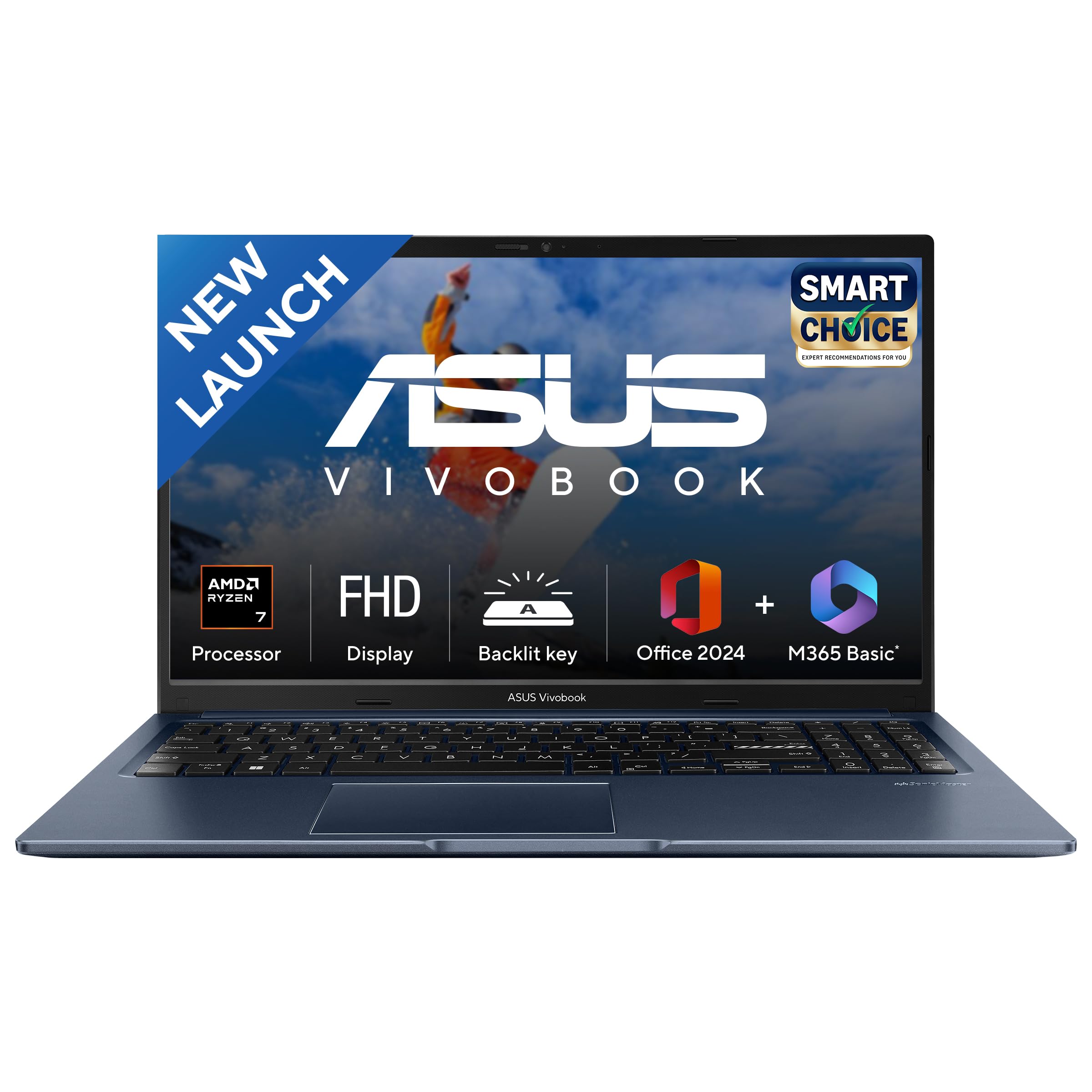ASUS Vivobook 15, Smartchoice, AMD Ryzen 7 5825U, 16GB RAM, 512GB SSD, FHD 15.6", Windows 11, Office Home 2024, Quiet Blue, 1.7Kg, M1502YA-BQ703WS, AMD Radeon iGPU, M365 Basic (1Year)*, 42Whr Laptop