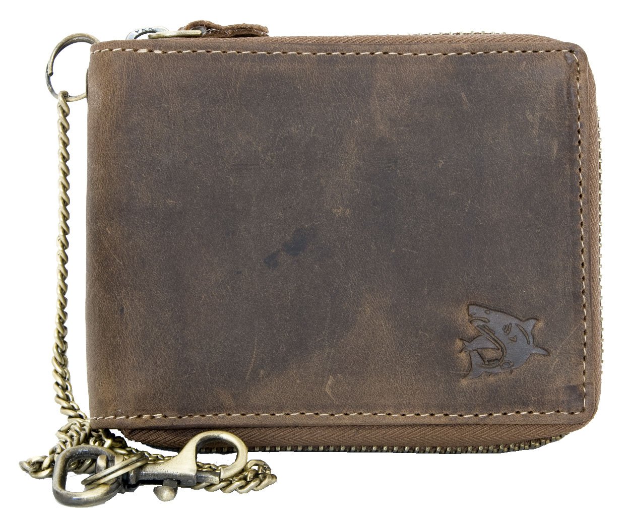 FLW Strong Genuine Leather Metal Zipper Around Wallet with a Shark with Chain
