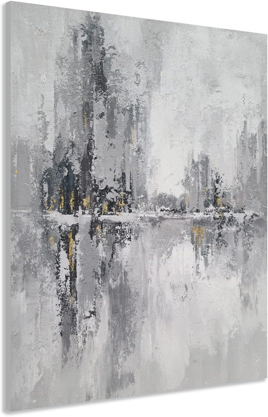Paintings - YHSKY ARTS Grey Canvas Wall Art - Hand Painted Abstract Oil Paintings with Gold Foil - Vertical City Pictures for Living Room Bedroom Bathroom Decor