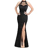 VFSHOW Womens Formal Sexy Halter High Slit Prom Wedding Guest Maxi Dress 2023 Illusion Sweetheart Neckline Evening Long Gown