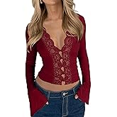 CSDAJIO Women's Long Sleeve Lace Tops for Women Deep V Neck Button Up Open Front Sexy Going Out Slim Fit Shirt