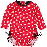 RuffleButts Baby Girls UPF 50+ Sun Protection Polka Dot Long Sleeve One Piece Rash Guard Swimsuit with Zipper