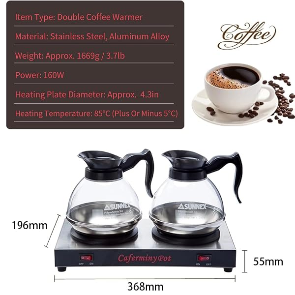 COMMERCIAL COFFEE WARMER DUAL DECANTER WARMER PLATE, STAINLESS STEEL PORTABLE WARMER FOR STANDARD GLASS DECANTER, SUITABLE FOR CAFE, BREAK ROOM, BUFFET, EVENT AND COMMERCIAL USE