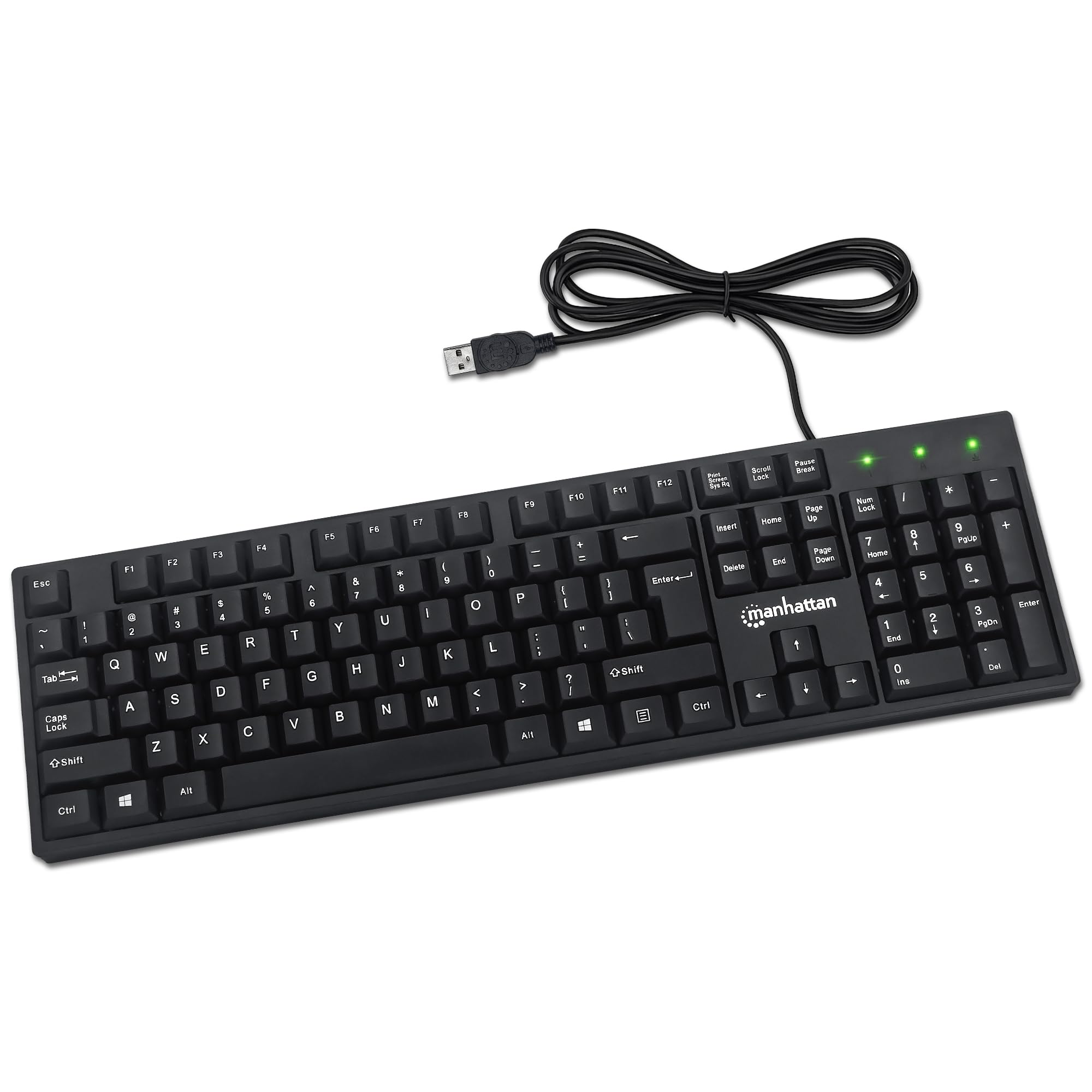 Manhattan Keyboard UK USB Wired, Standard Qwerty layout, Black, Full Size Keys, Cable 1.5m, USB-A connection, Plug and Play, Three Year Warranty, Retail Boxed