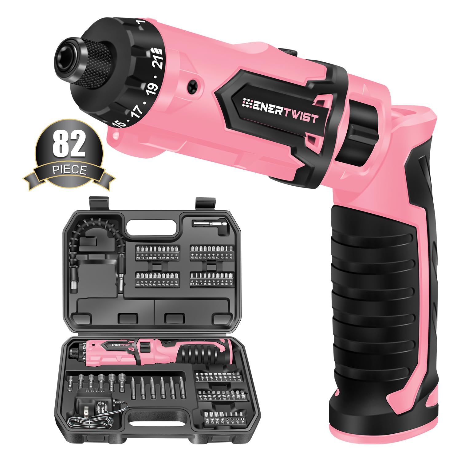 Photo 1 of Enertwist Electric Screwdriver, 8V Max 10Nm Pink Cordless Screwdriver Rechargeable Set with 82 Accessory Kit and Charger in Carrying Case, 21+1 Cluth, Dual Position Handle, LED Light