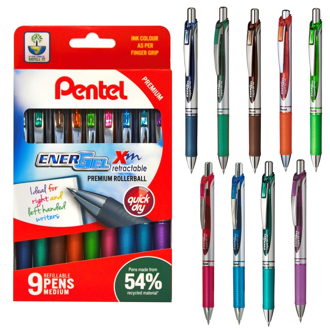 Pentel BL77 Energel XM Retractable Pens, 0.7mm Tip, Assorted Colours (Wallet of 9)