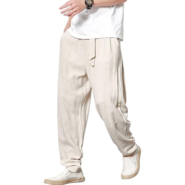 amachi. アマチ AY10-20 Layered Linen Pants Ambcol Men's Casual Linen Pants Elastic Waist with Belt Beach