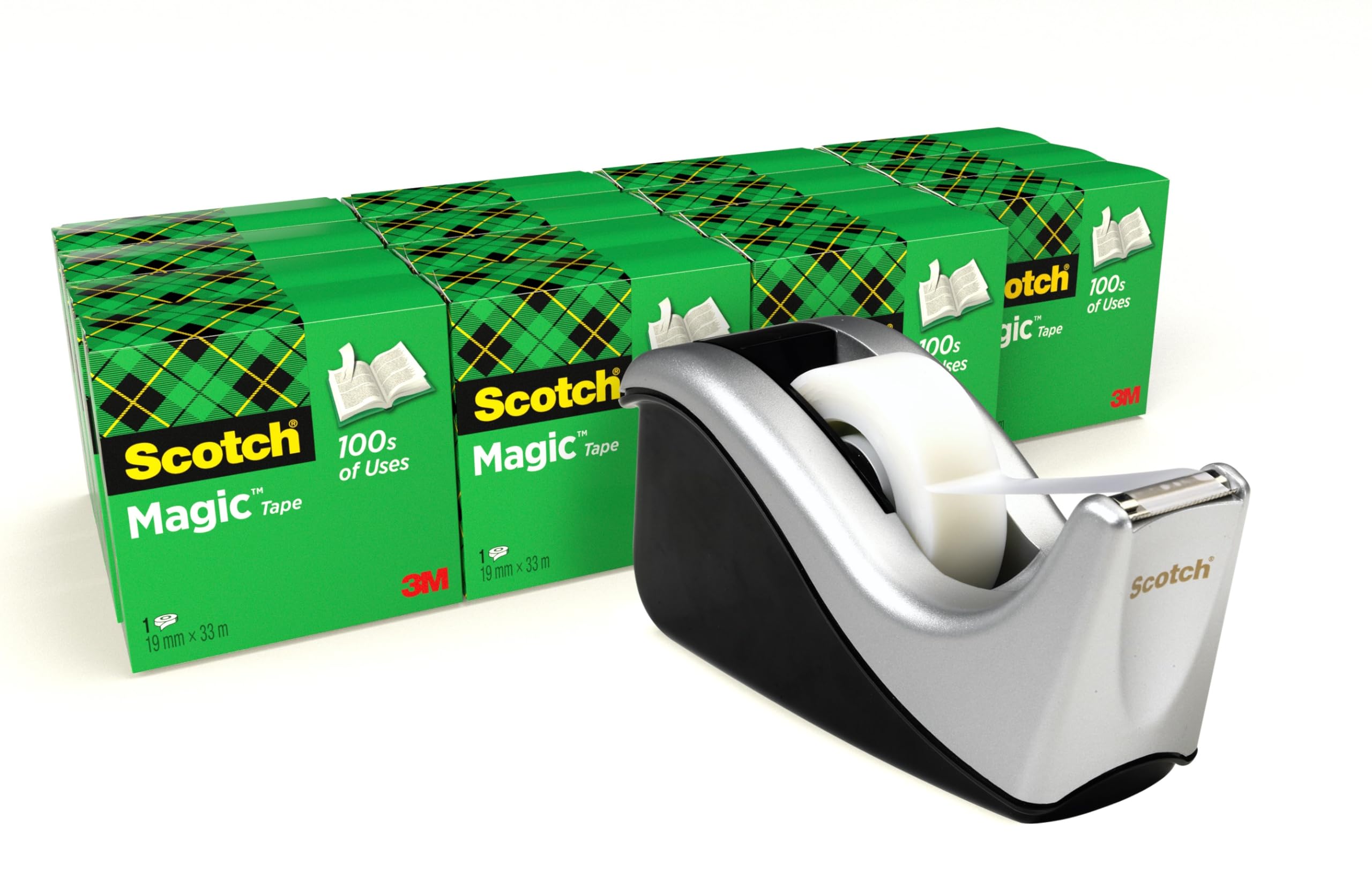 Scotch Magic Tape, 16 Rolls + FREE Weighted Dispenser, Silver, 19 mm x 33 m - Invisible Tape, For Christmas Gift Wrapping, Labelling Christmas Cards and Presents, Essential Christmas Supplies​