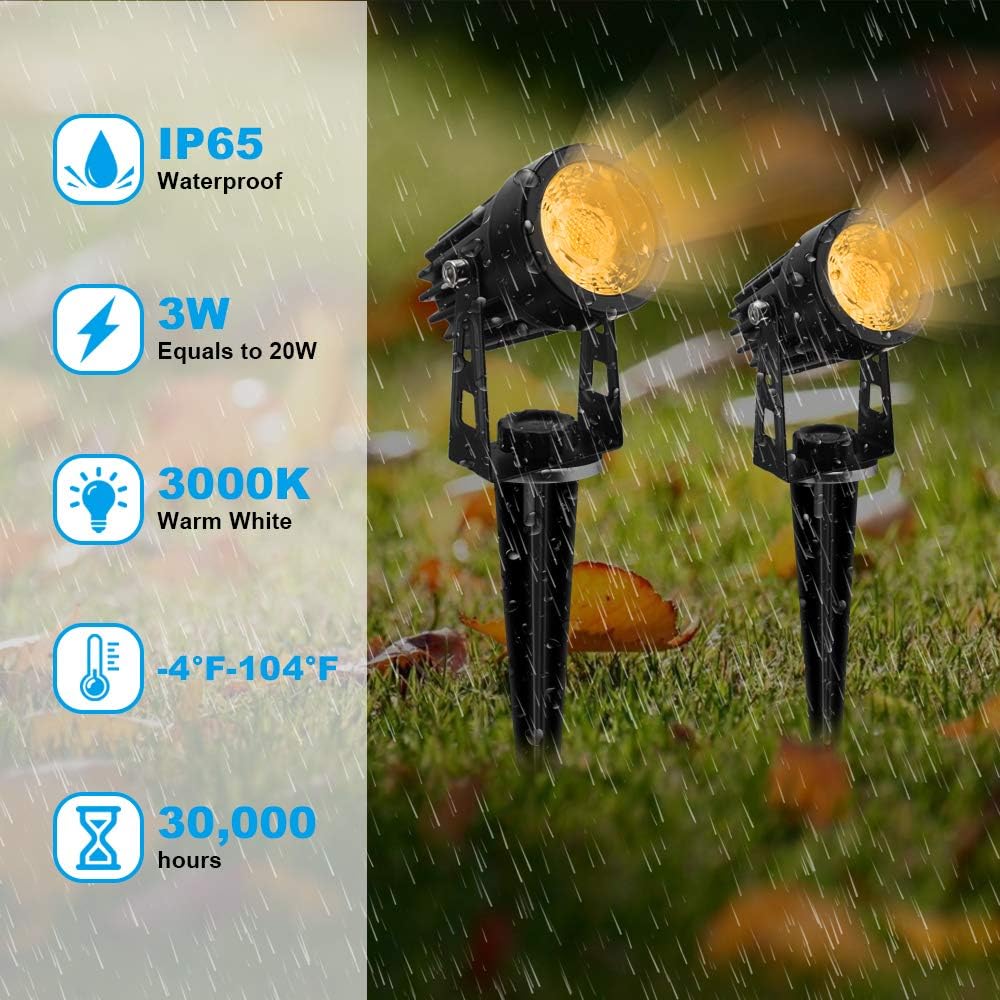 VOLISUN Spotlights Outdoor Landscape Lighing with 98ft Cable and Transformer IP65 Waterproof 12V Low Voltage with Stakes Landscape Lighting for Outdoor Garden Yard, Warm White(6-in-1) - - 