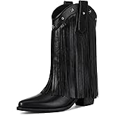 Bybmorto Fringe Cowboy Boots for Women – Mid Calf Cowgirl Boots with Star Studded, Pointed Toe and Chunky Heel, Perfect for Country Music Festivals
