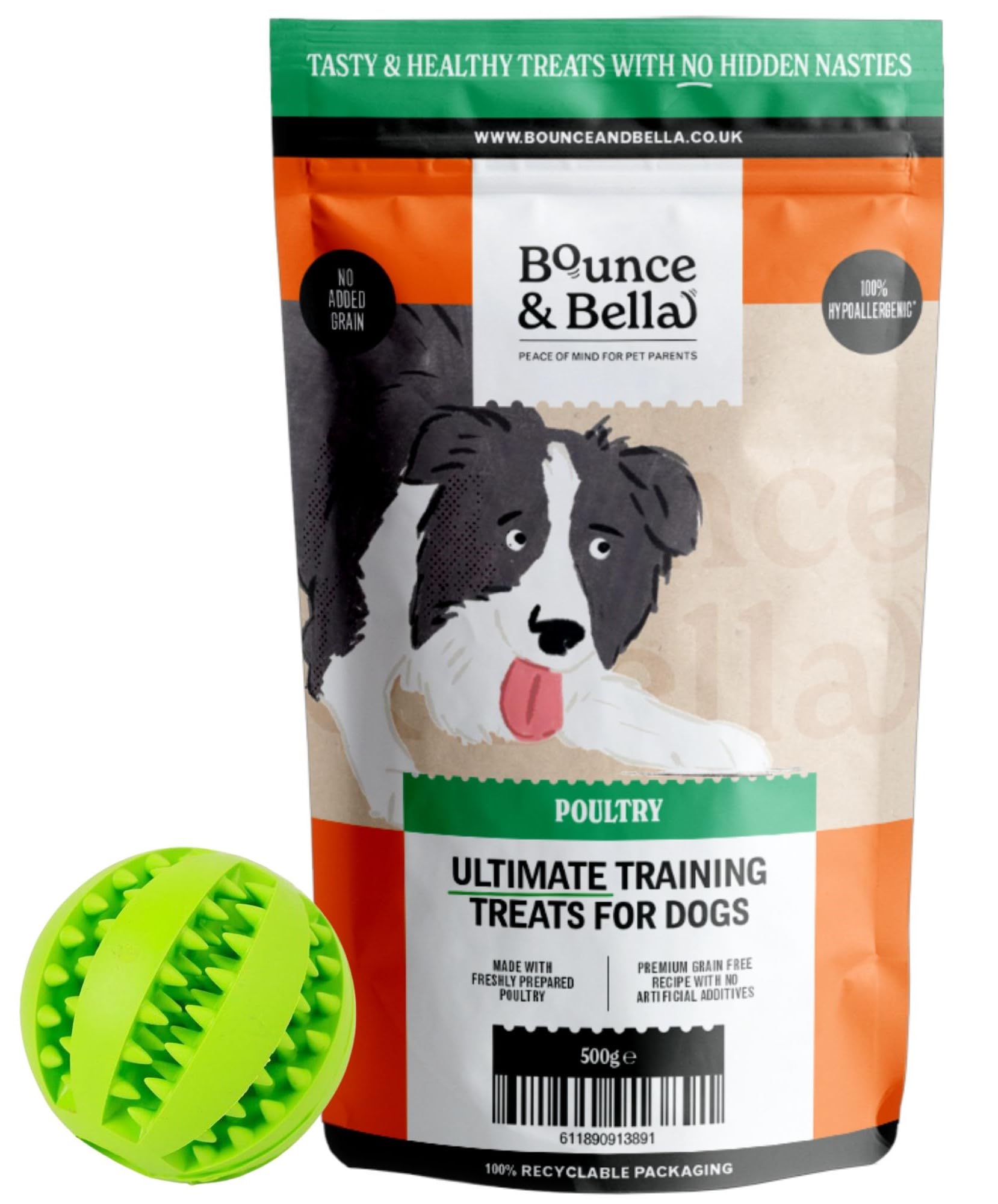 Bounce and Bella Treat Ball with Grain Free Poultry Dog Training Treats - 800 Tasty Treats - Dispenser in Green or Red (Chosen at Random)