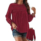 Falechay Womens Boho Tops Long Sleeve Shirts For Women Cute Crewneck Blouse Dressy Casual Swiss Dot Crochet Hollow Top 2026