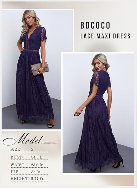 BDCOCO WOMEN’S V NECK FLORAL LACE WEDDING DRESS SHORT SLEEVE BRIDESMAID EVENING PARTY MAXI DRESS DEEP PURPLE