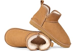 OOW Winter Ankle Genuine Suede Boots for Women Snow Slip On Comfort Short Booties Fall Warm Casual Fuzzy Shoes for Indoor & Outdoor