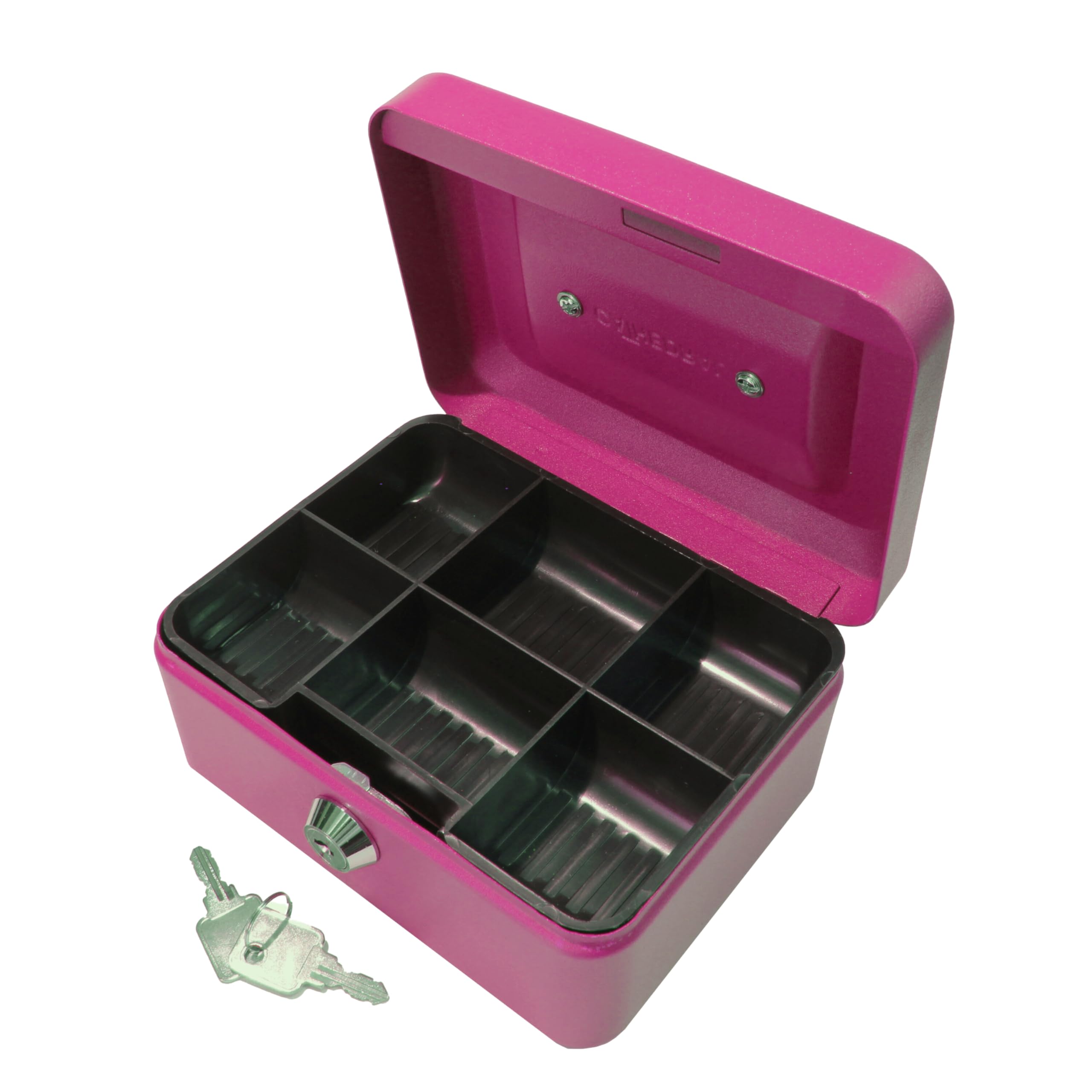 Cathedral Products Key Lockable Cash Box with Lift Out 6 Compartment Coin Tray - 6 Inch - Pink
