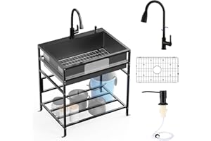 FAUENPEEY Black 30x22 Inch Freestanding Utility Sink-Stainless Steel Laundry Sink Practicality With Accessories Black Stainless Faucet,Soap Dispenser, SS Sink Grid For Laundry,Garage,Outdoor Kitchen,Garden...