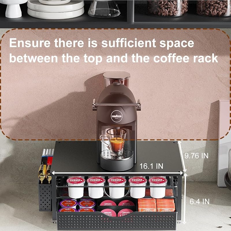 Support de dosettes de café K avec tiroir de rangement coulissant à 2 niveaux et 1 panier suspendu pour 51 grandes ou 73 petites capsules, accessoires de rangement pour comptoir, bureau, cuisine (noir