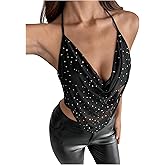 Floerns Women's Rhinestone Cowl Neck Halter Tops Sleeveless Backless Club Cami Top