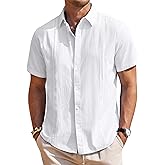 Mens Linen Shirts Short Sleeve Button Down Shirt Casual Cuban Guayabera Lightweight Summer Beach Solid Tops
